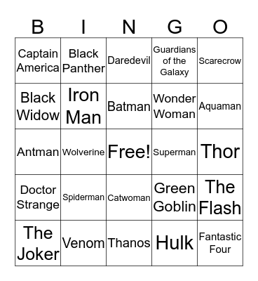 Superhero  Bingo Card