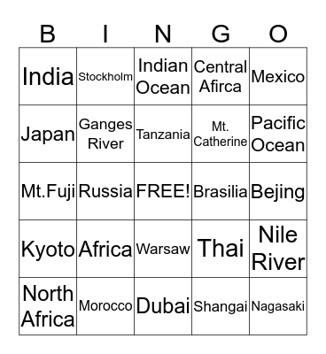 Bingo Night - Round 1 Geography  Bingo Card