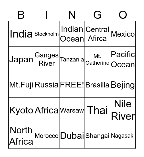 Bingo Night - Round 1 Geography  Bingo Card