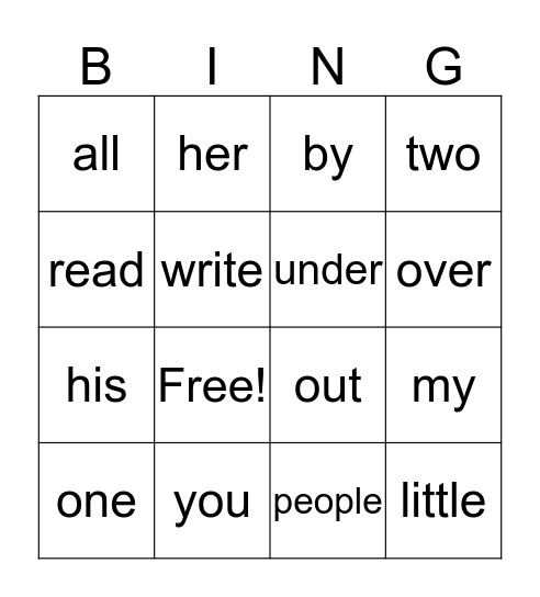 Sightwords Bingo Card