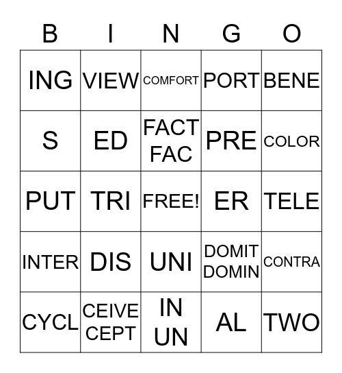 WORD ROOTS, PREFIXES, SUFFIXES Bingo Card