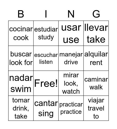 los verbos ar Bingo Card