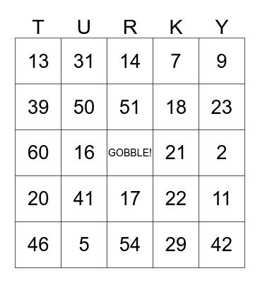 Turkey Day Bingo Card