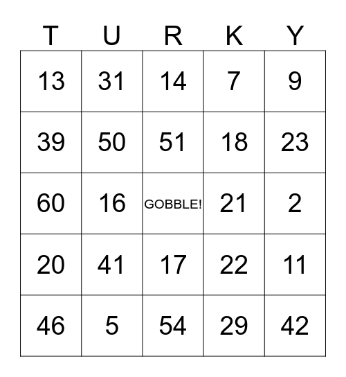 Turkey Day Bingo Card