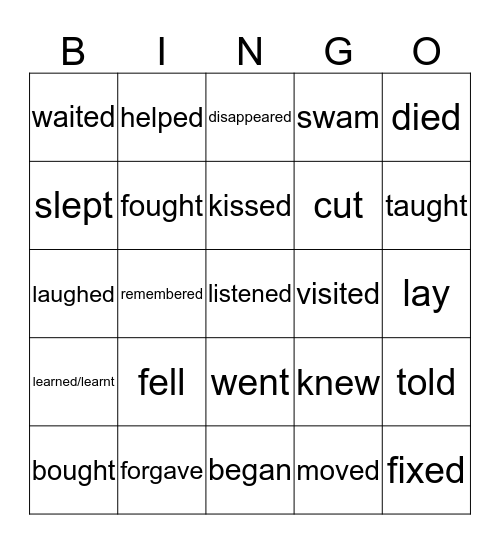 Regular and Irregular verbs Bingo Card