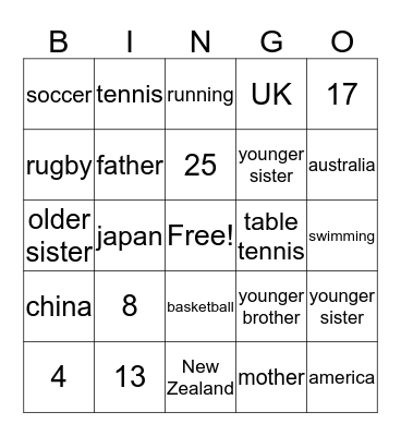 CHinese Revision Bingo Card