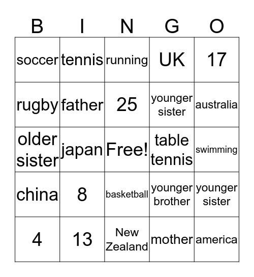 CHinese Revision Bingo Card