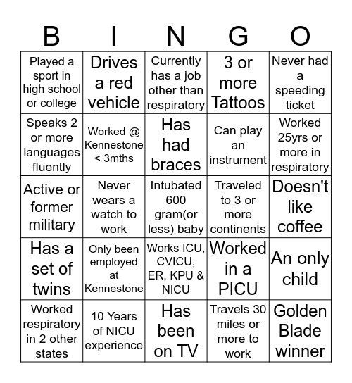 RESPIRATORY Bingo Card