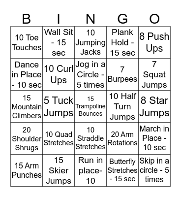 Fitness Bingo Card