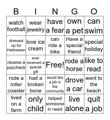 Life Events Bingo Card