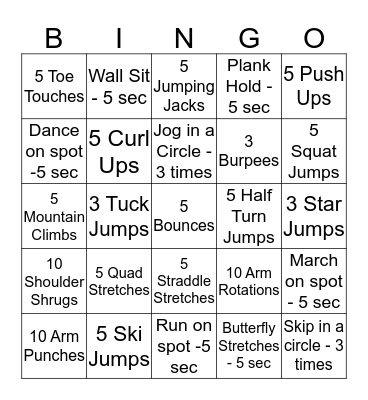 Fitness Bingo Card