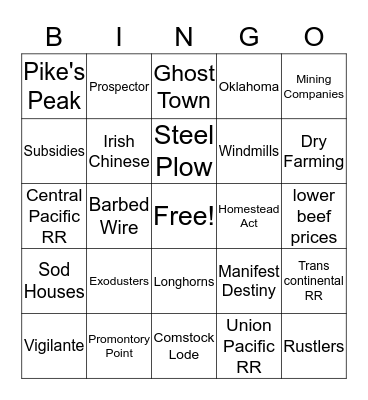 Westward Expansion Bingo ! Bingo Card