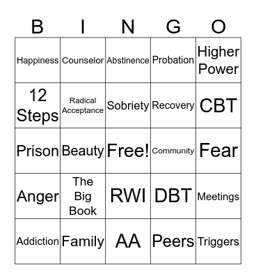 Recovery Bingo Card