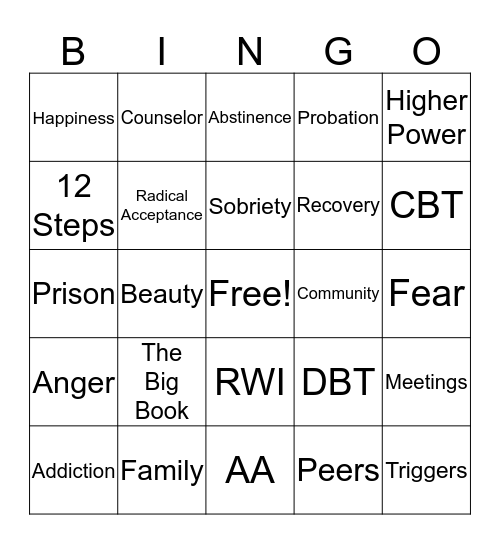 Recovery Bingo Card