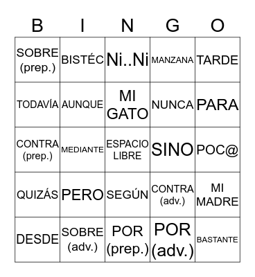 7-2 PREPOSICIONES, ADVERBIOS, CONJUNCIONES Bingo Card