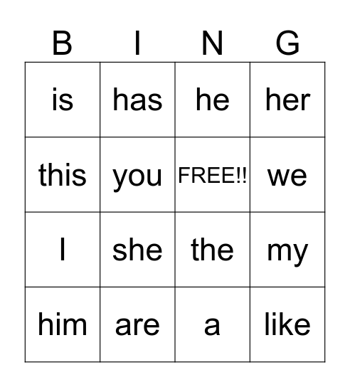 Sight Words Bingo Card