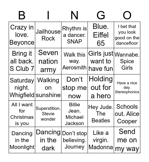 Music Bingo Card