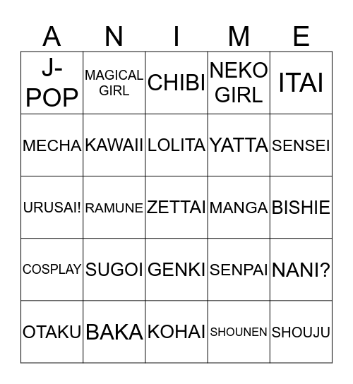 Anime Bingo Card