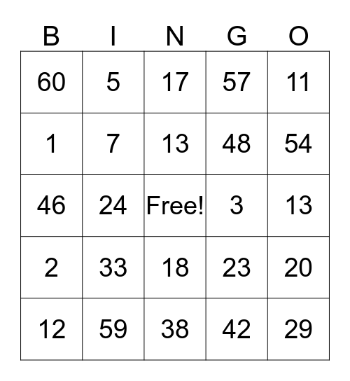 Bingo 1-60 Bingo Card