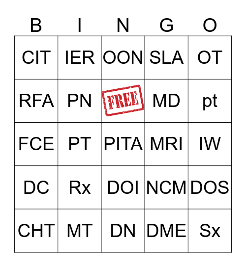 MedRisk Acronym Bingo  Bingo Card