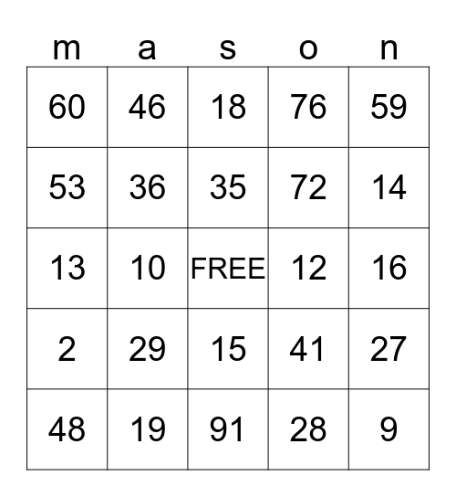 mason's birthday party Bingo Card