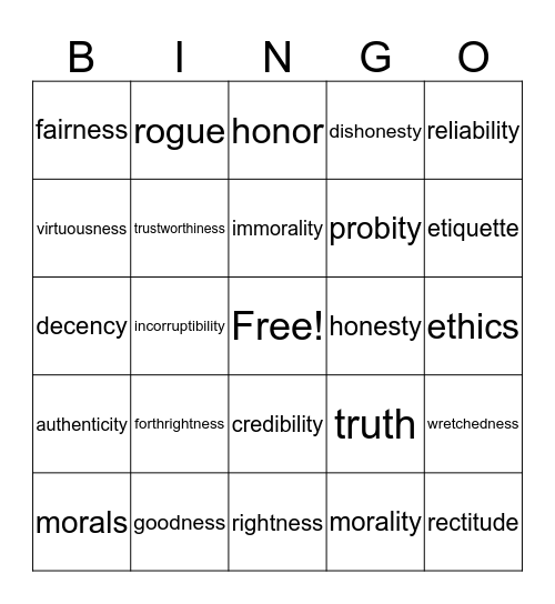 Integrity Bingo Card
