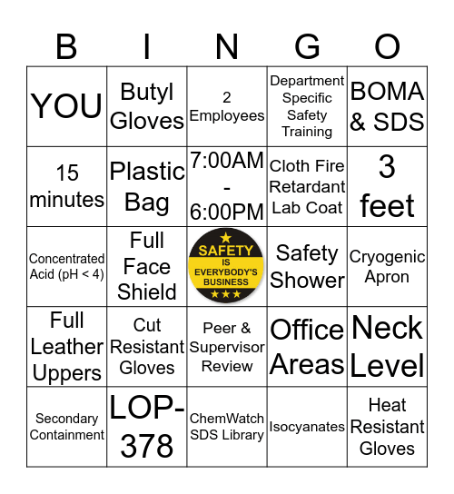 Safety Now, Safety Always! Bingo Card