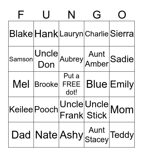 Family Fungo Bingo Card