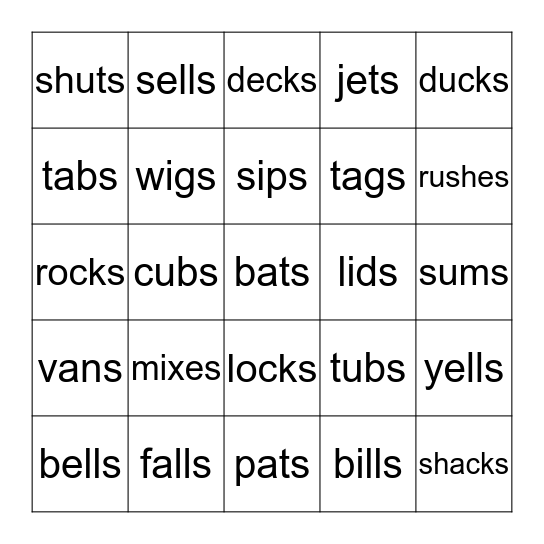 Suffixes -s/-es REAL Words Bingo Card
