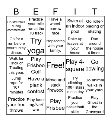 Family Fitness Challenge Bingo Card