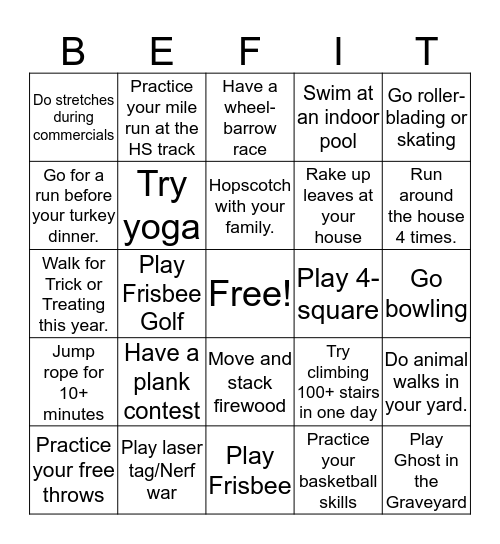Family Fitness Challenge Bingo Card