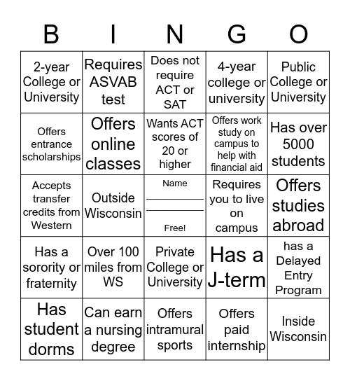 WSHS College & Military Fair Bingo Card