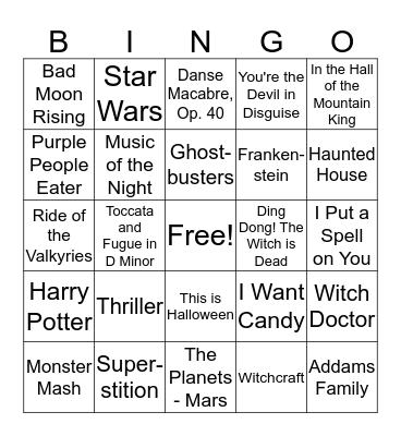 Halloween Music Bingo Card