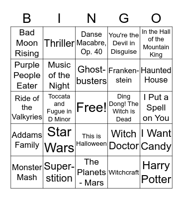 Halloween Music Bingo Card