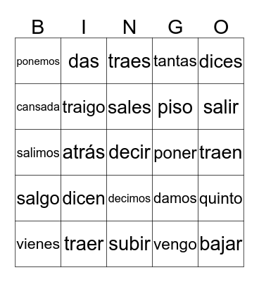 Verbos- Unidad 5.2 Bingo Card
