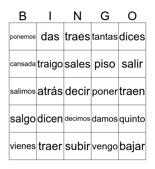 Verbos- Unidad 5.2 Bingo Card