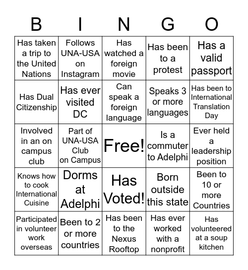 UNA-USA BINGO Card