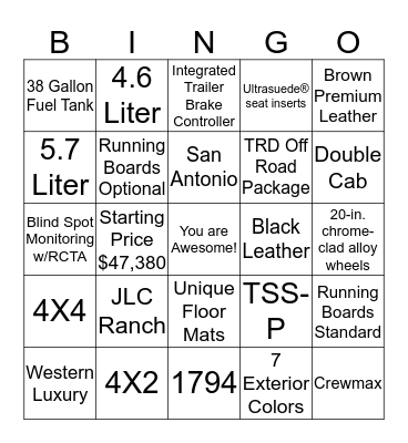 Tundra 1794 Edition Bingo Card