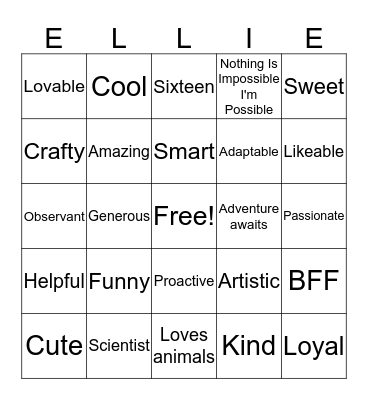Ellie's Sweet 16 Bingo Card
