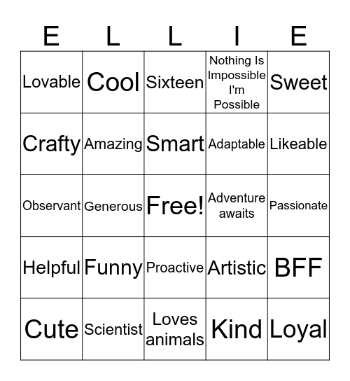 Ellie's Sweet 16 Bingo Card