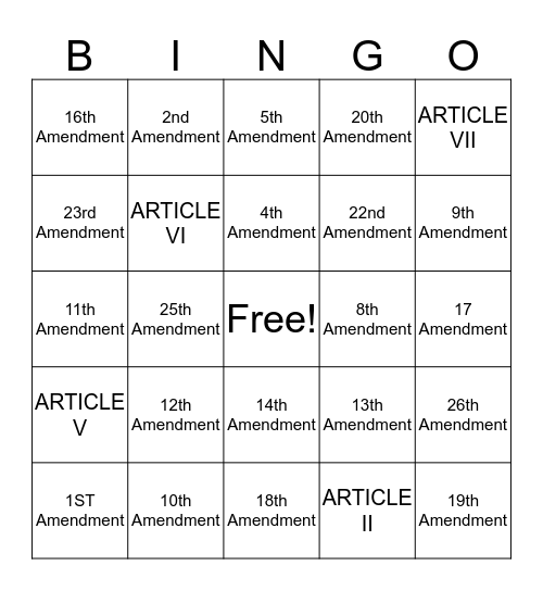 AMENDMENT BINGO Card