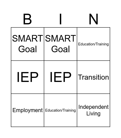 Transition Vocabulary Bingo Card