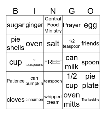 Pumpkin Pie Bingo Card