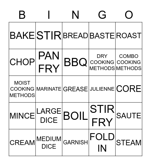 COOKING TERMS Bingo Card