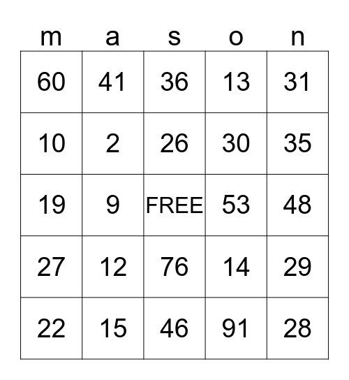 mason's birthday party Bingo Card