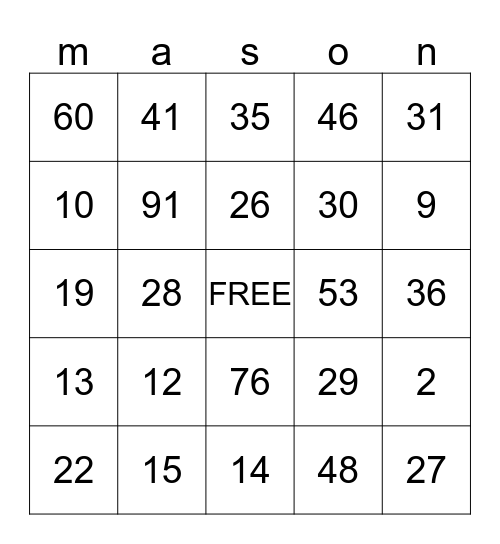 mason's birthday party Bingo Card