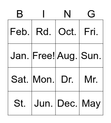Abbreviations Bingo Card
