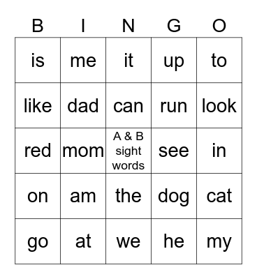 A & B Sight Words Bingo Card