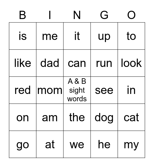 A & B Sight Words Bingo Card