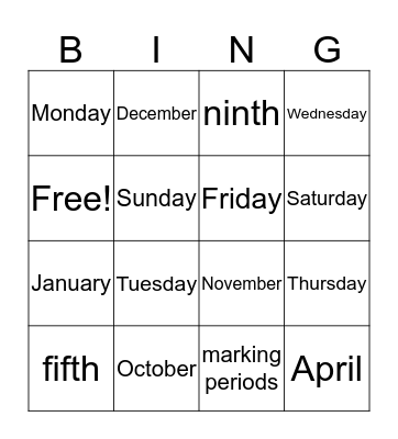 Period 4B Calendar Vocabulary Bingo Card